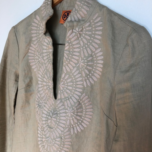 Tory Burch NWOT Linen Embroidered Long Sleeve Tunic Shirt Size 0 - Picture 2 of 12